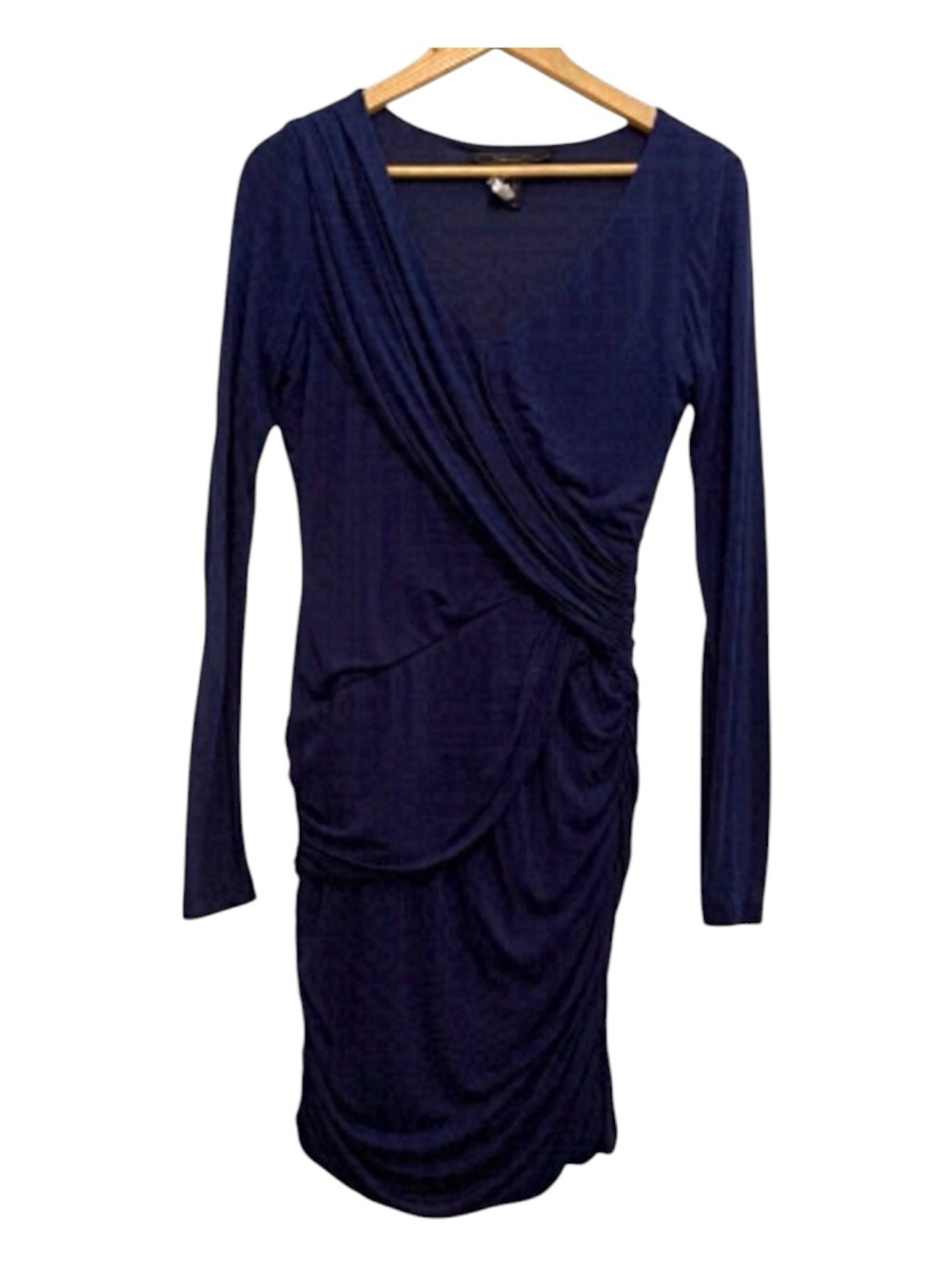 BCBGMAXAZRIA wraped dress Terry pacific blue bodycon flattering pleated V neck 8